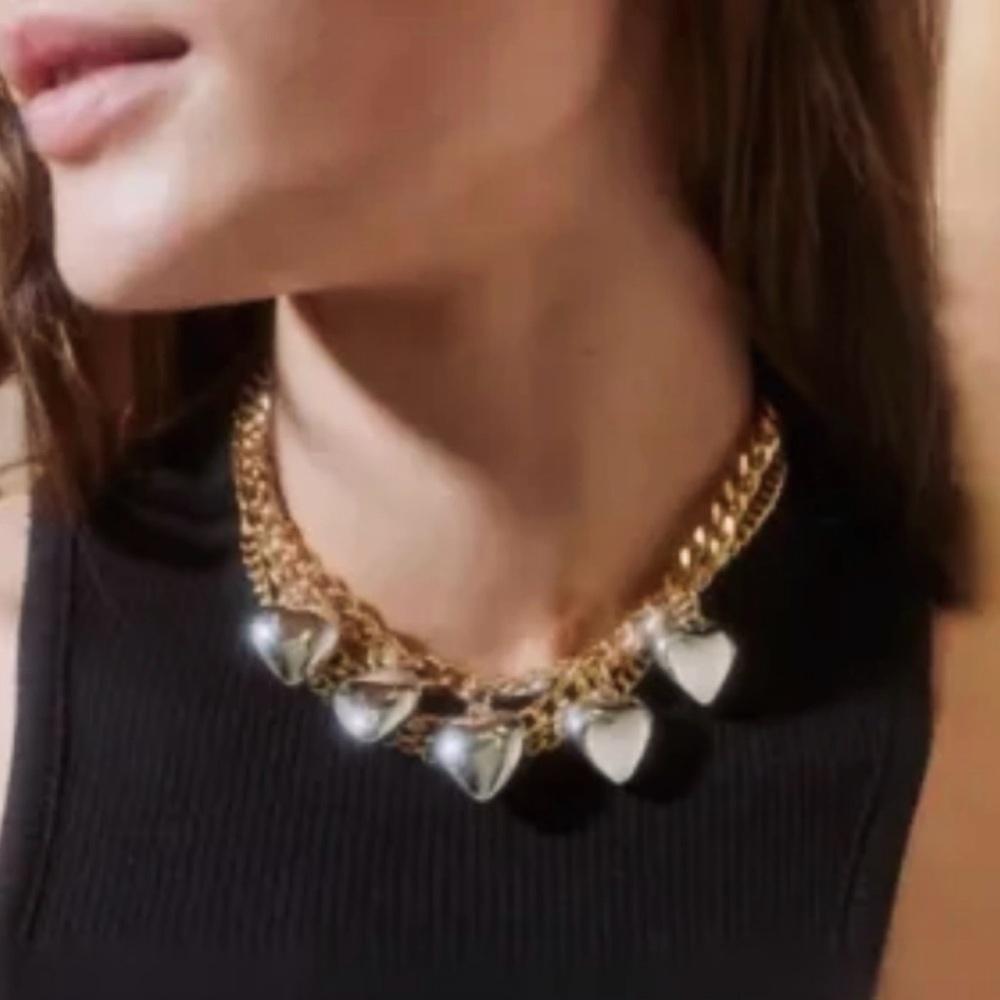 (NWT) UO • Gold/Silver Two-Toned Puffed Heart Pendant Chain Link Choker Necklace - Picture 3 of 9